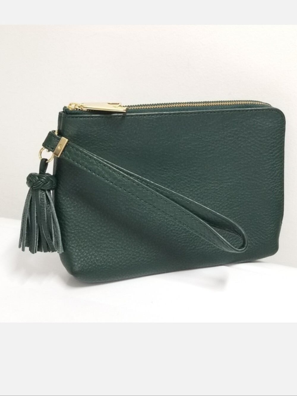 Talbots Pebbled Leather Wristlet 2-Sided Zip Top Forest Green Classic Minimalist
